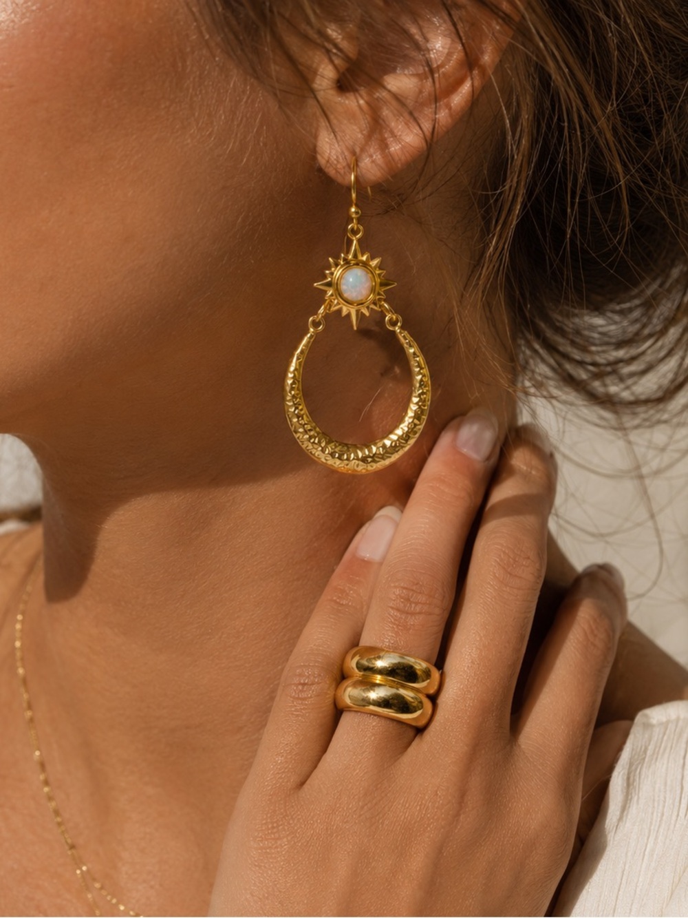 18K Gold Plated Opal Sun & Crescent Drop Earrings